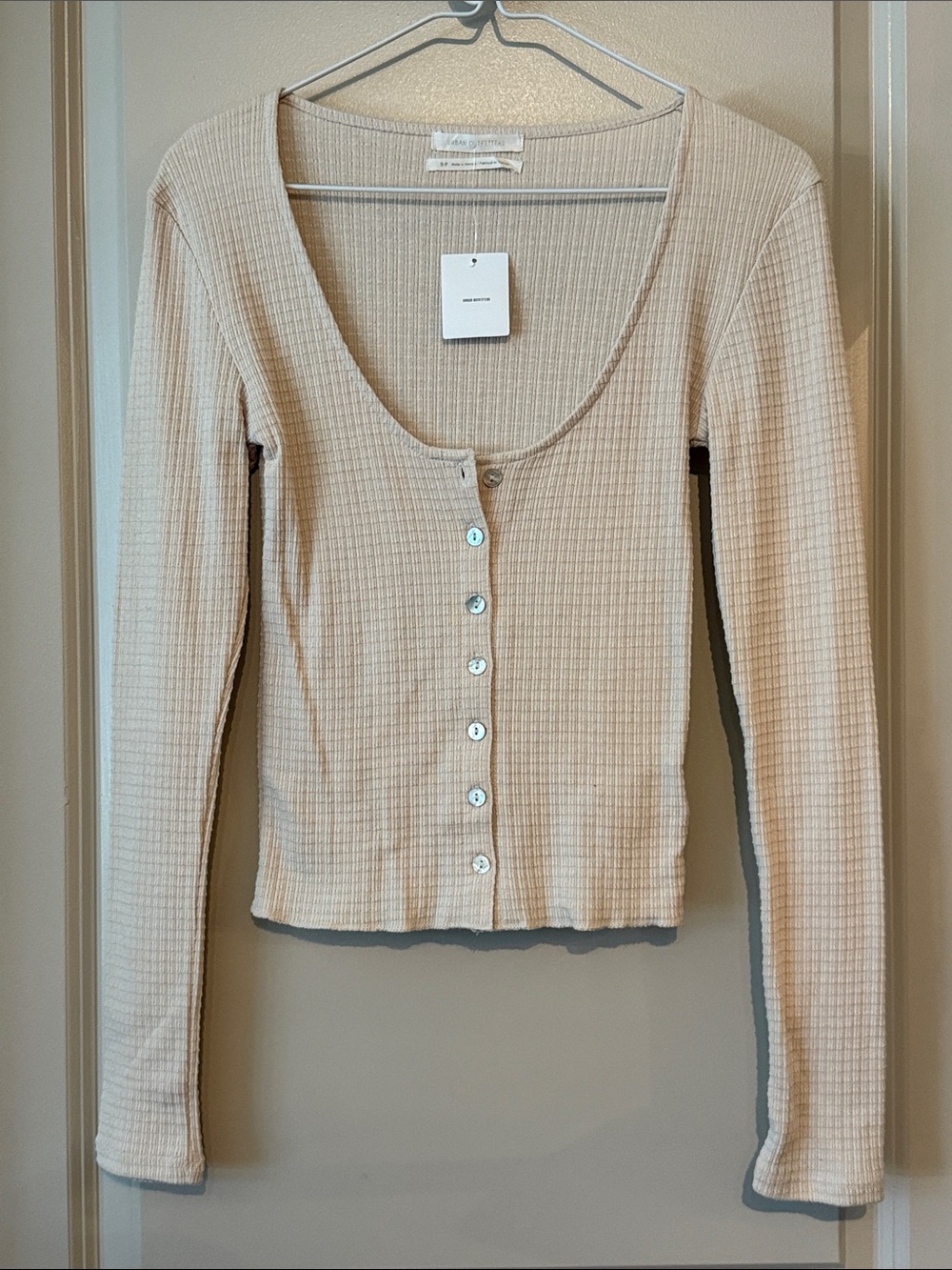 Urban Outfitters Cream Ribbed Scoop Button-Front Long Sleeve Top